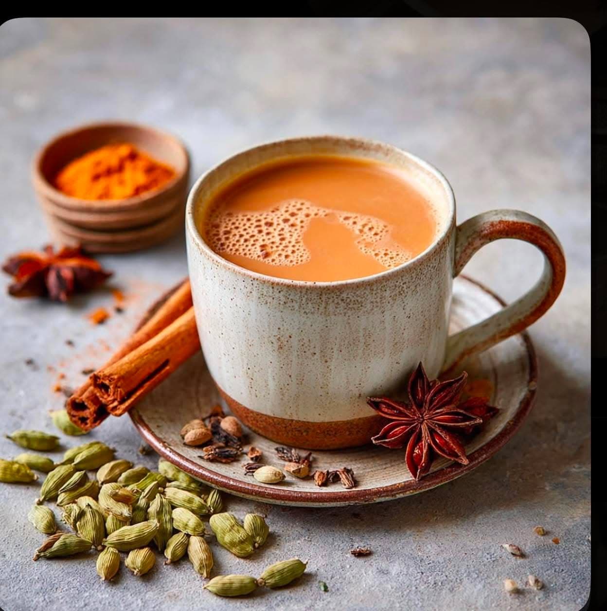 Indian Masala Tea — Freshly brewed chai simmered with cardamom, cinnamon, cloves, and star anise — a warming classic to start or end your meal.