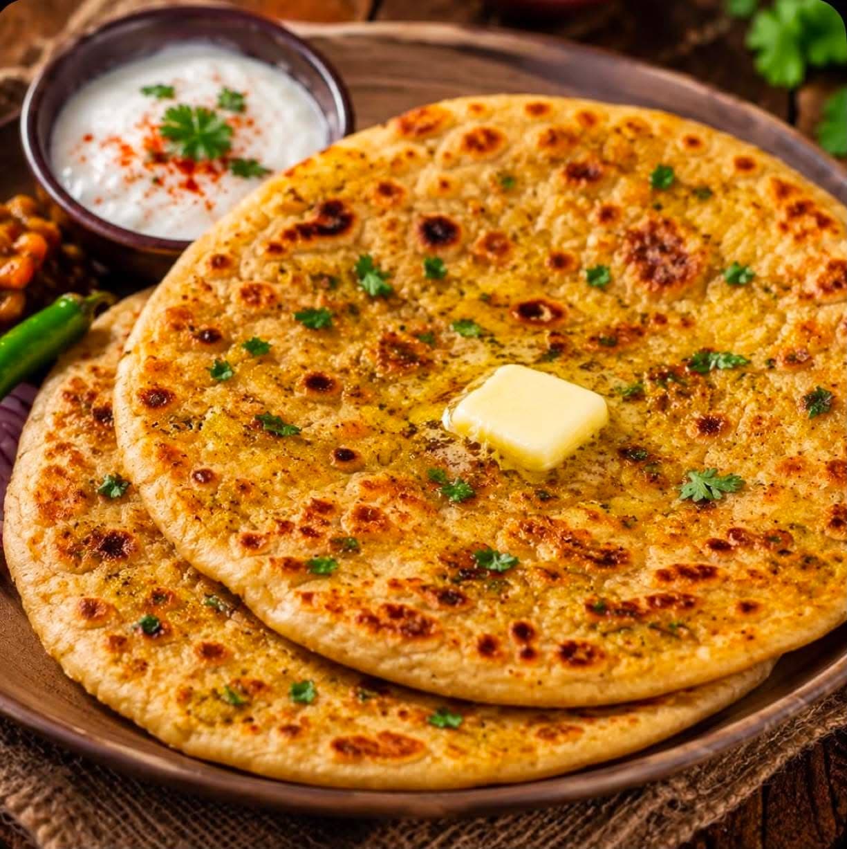 Aloo Paratha — Whole wheat flatbread stuffed with spiced mashed potato, cooked on the tawa and finished with butter. Served with curd and pickle.
